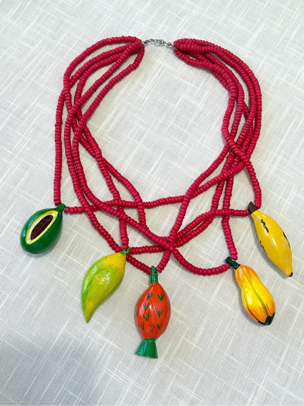 Vintage Wood Artisan Multi-Fruit Pendant Necklace